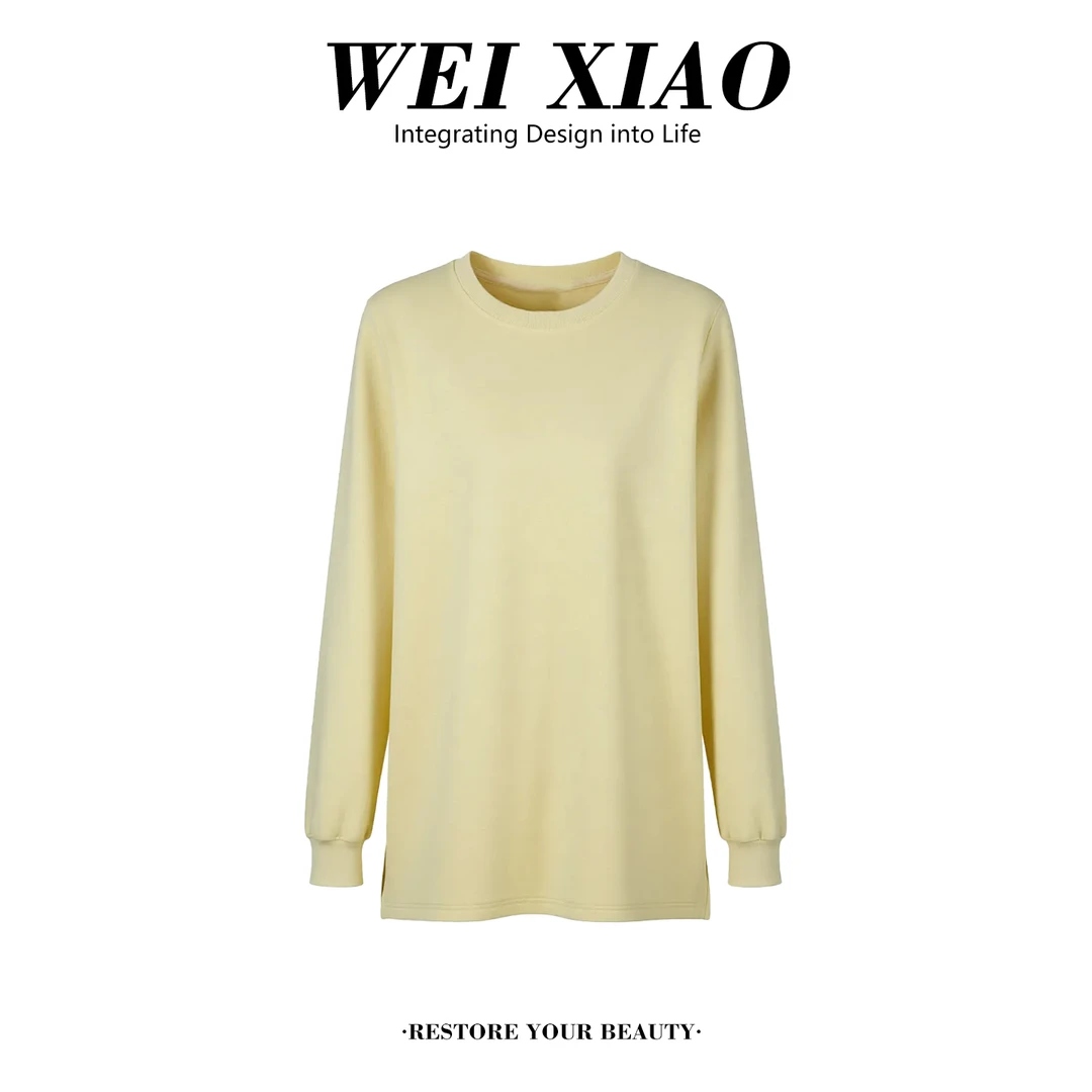 秋冬新款2025极简风气质长袖圆领T恤女纯色显瘦中长款开叉打底衫