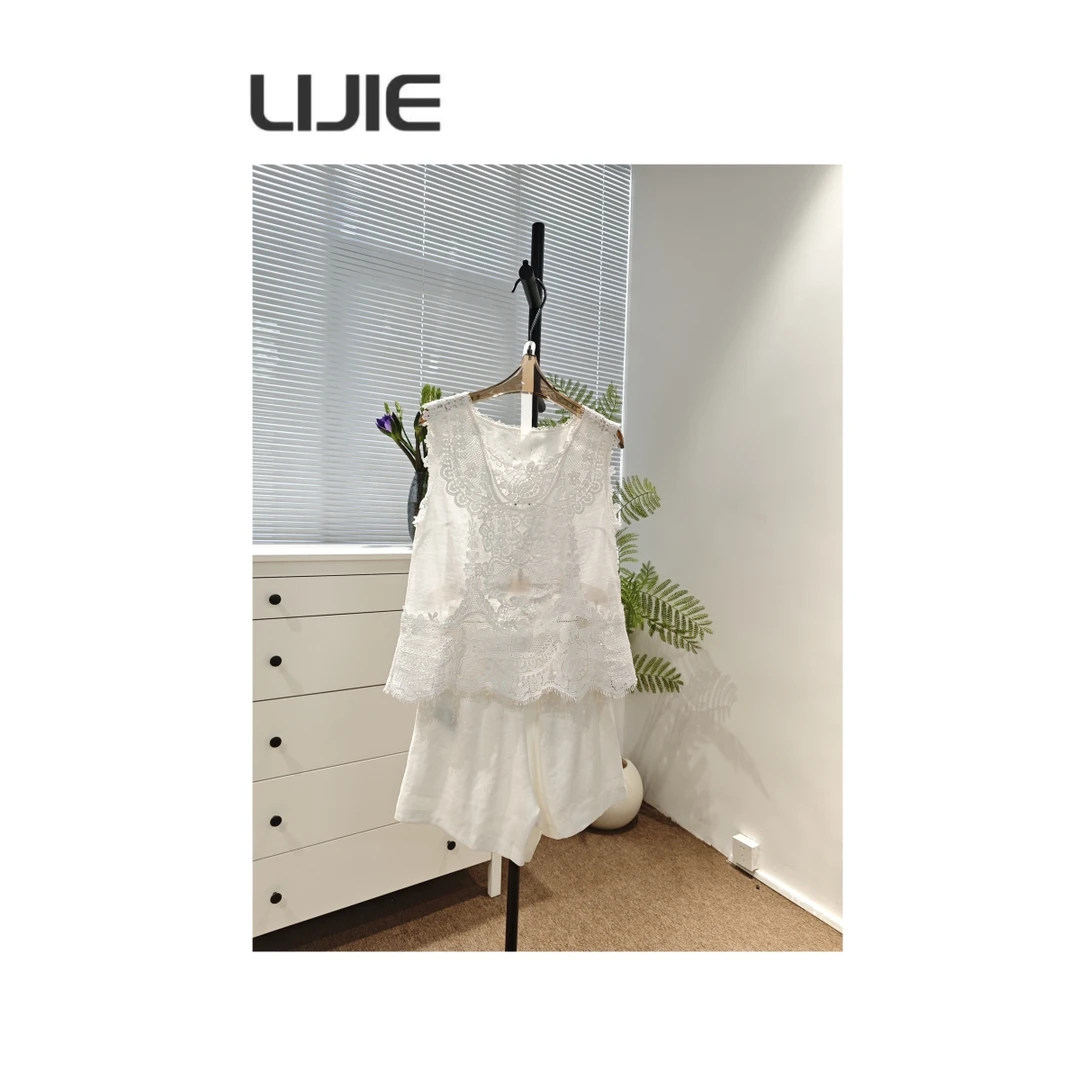 【深圳丽姐-燕子】无袖重工刺绣蕾丝亚麻背心