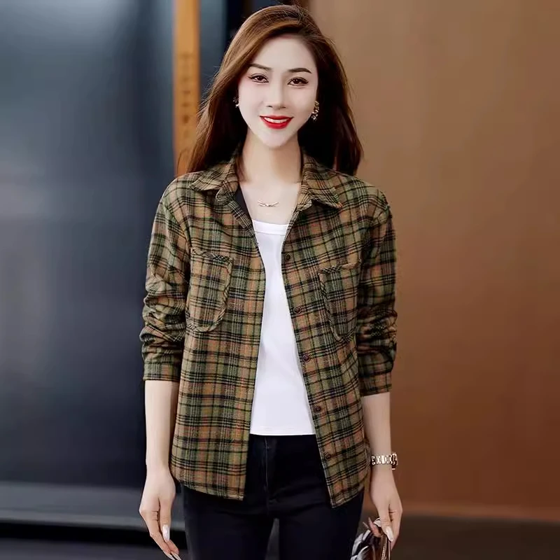 休闲格子衬衫外套女春秋季2025新款宽松洋气显瘦百搭翻领长袖衬衣
