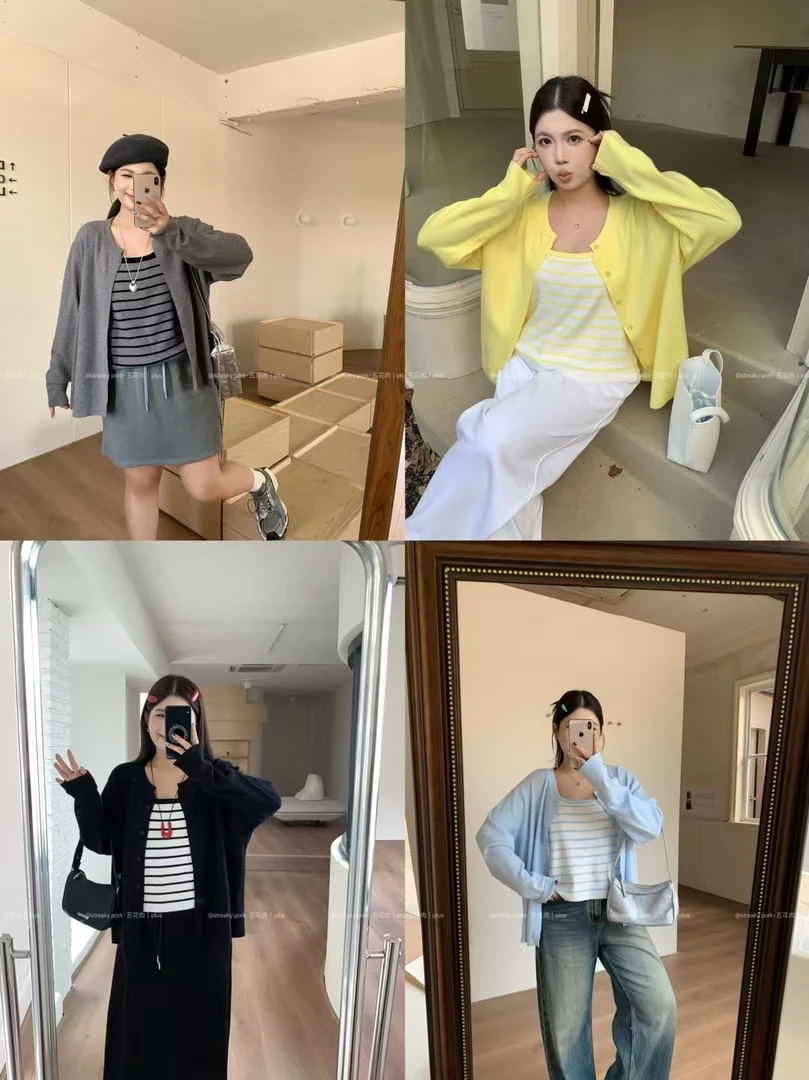 圆领条纹吊带毛针织衫针织纯色女时尚秋季长袖真两件套