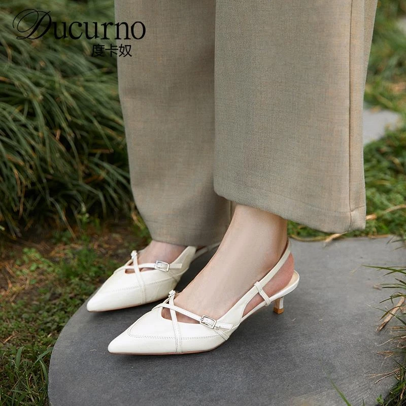 DUCURNO设计感小众法式交叉带包头凉鞋女夏百搭气质尖头高跟鞋子