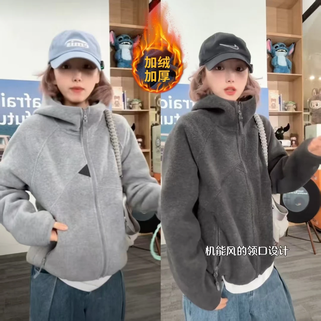 秋冬新款男女同款双重保温摇粒绒户外休闲运动连帽宽松夹克外套