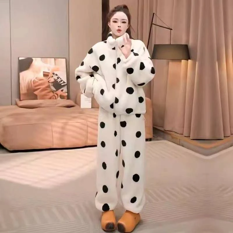 2025款黑白点拉链睡衣加绒加厚保暖防风宽松韩版波点家居服睡衣