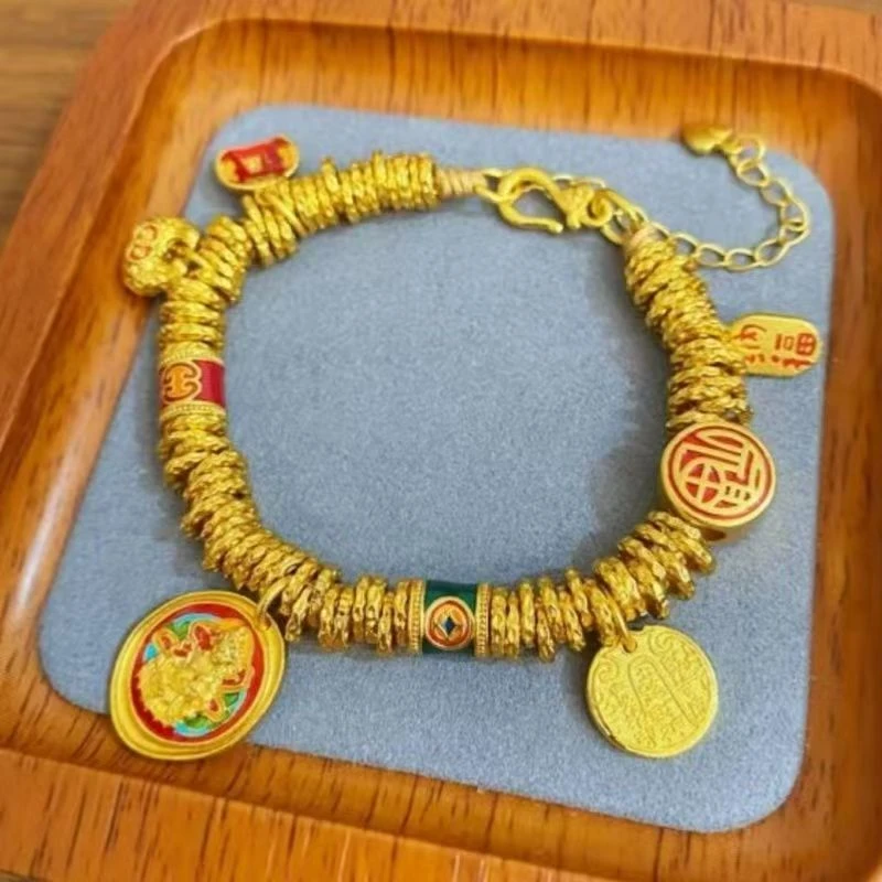 铜合金手链 新中式古方砂金黄财神吉言盘缠手链轻奢时尚气质百搭