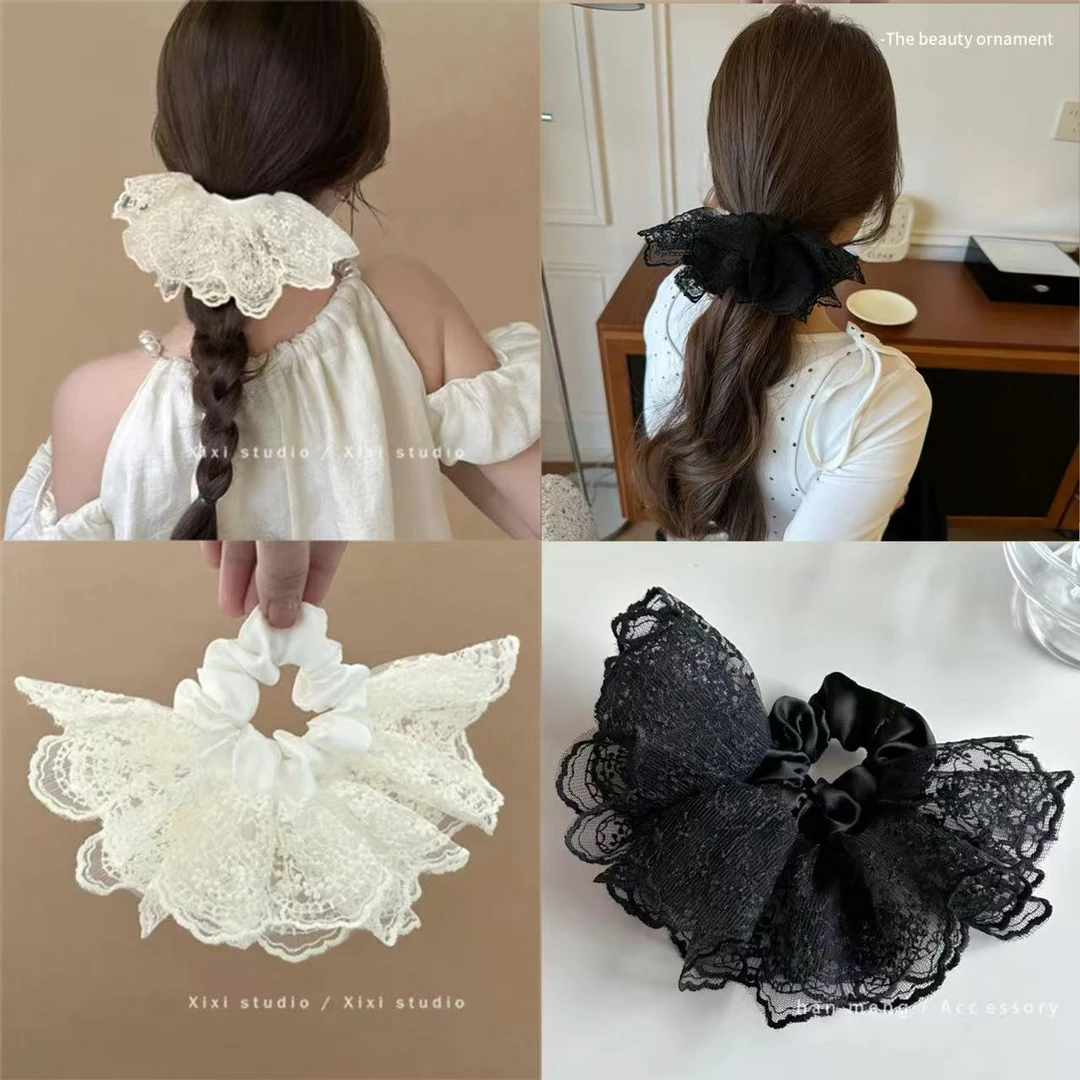 高级感双层花边发绳法式蕾丝裙摆发圈女气质低马尾皮筋芭蕾风头饰