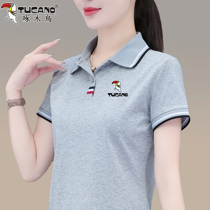 啄木鸟纯棉翻领短袖T恤女POLO衫宽松女士大码女装夏季休闲上衣薄