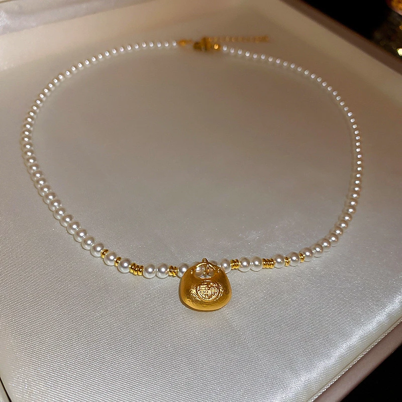 铜仿珍珠吊坠 新中式串珠福袋项链女复古小众时尚百搭简约气质