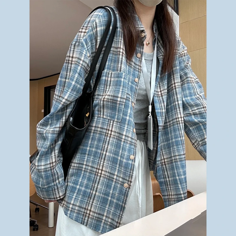 美式复古蓝色格子衬衫女春秋季2025新款爆款宽松休闲长袖衬衣外套
