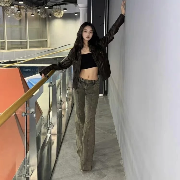 2509172复古弹力牛仔喇叭裤女高腰毛边修身长裤25春夏新款