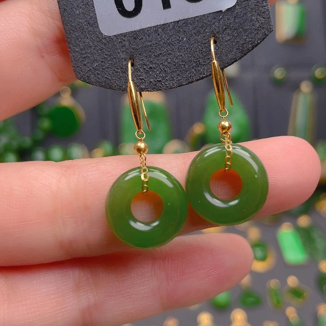 和田玉18K金镶嵌耳饰013