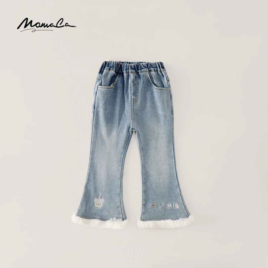 MOMOCO秋冬女童加绒可爱小熊刺绣花边微喇牛仔裤77830350017
