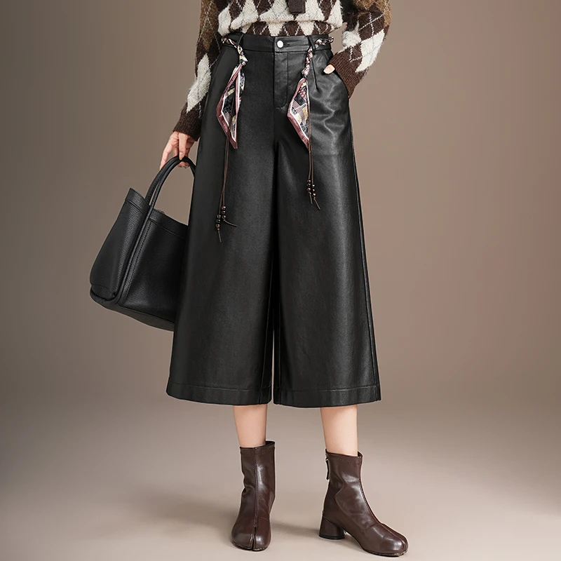 小个子PU皮裤直筒阔腿裤女裤子秋冬休闲百搭中裤外穿超好看七分裤