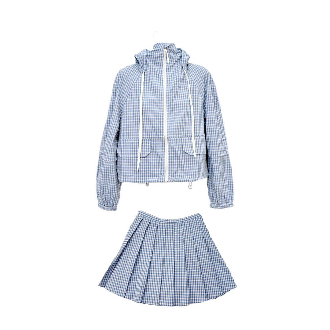 【83718】CHEN23复古蓝白格纹100棉运动套装简约休闲宽松上衣半裙