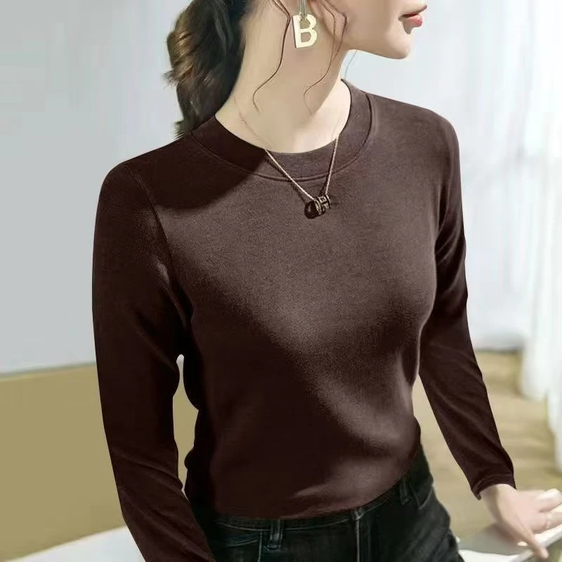 螺纹德绒打底衫新款圆领长袖T恤女简约百搭秋冬加绒防寒保暖上衣