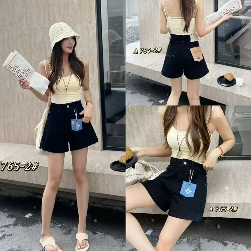765#夏季新款黑色裤脚小开叉时尚四面弹显瘦百搭A字牛仔短裤