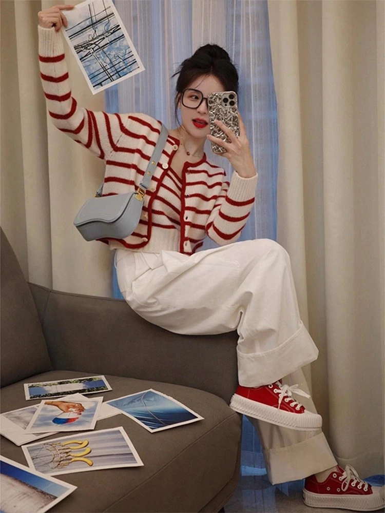 红白条纹针织毛衣女秋季2025新款开衫外套搭配背心吊带两件套装潮