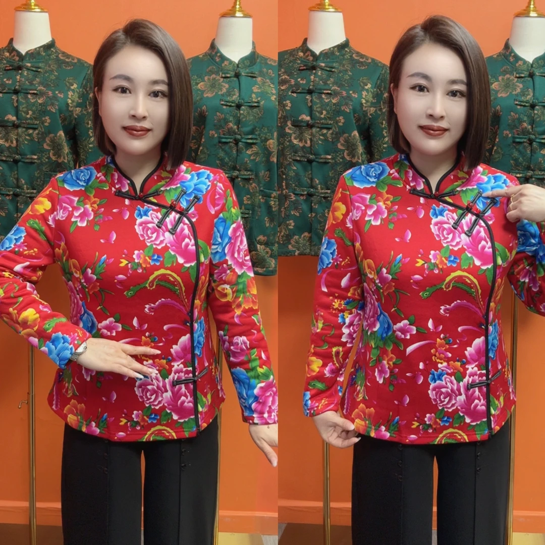 东北大花中国风复古盘扣加绒中老年妈妈旗袍衫