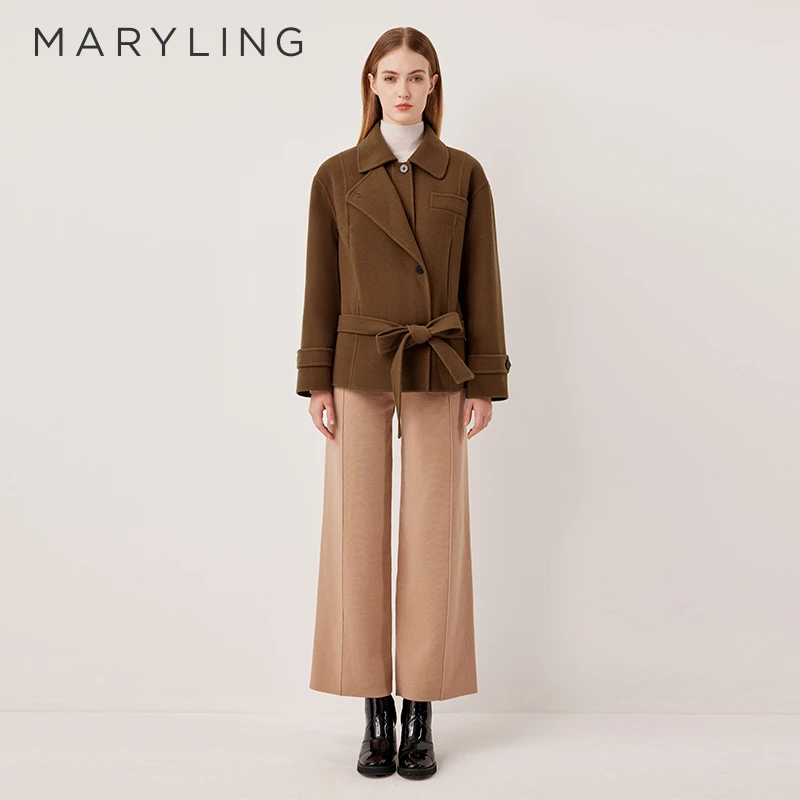 MARYLING玛俪琳2025冬季新品咖色翻领一手长系带大衣A1FHW90180
