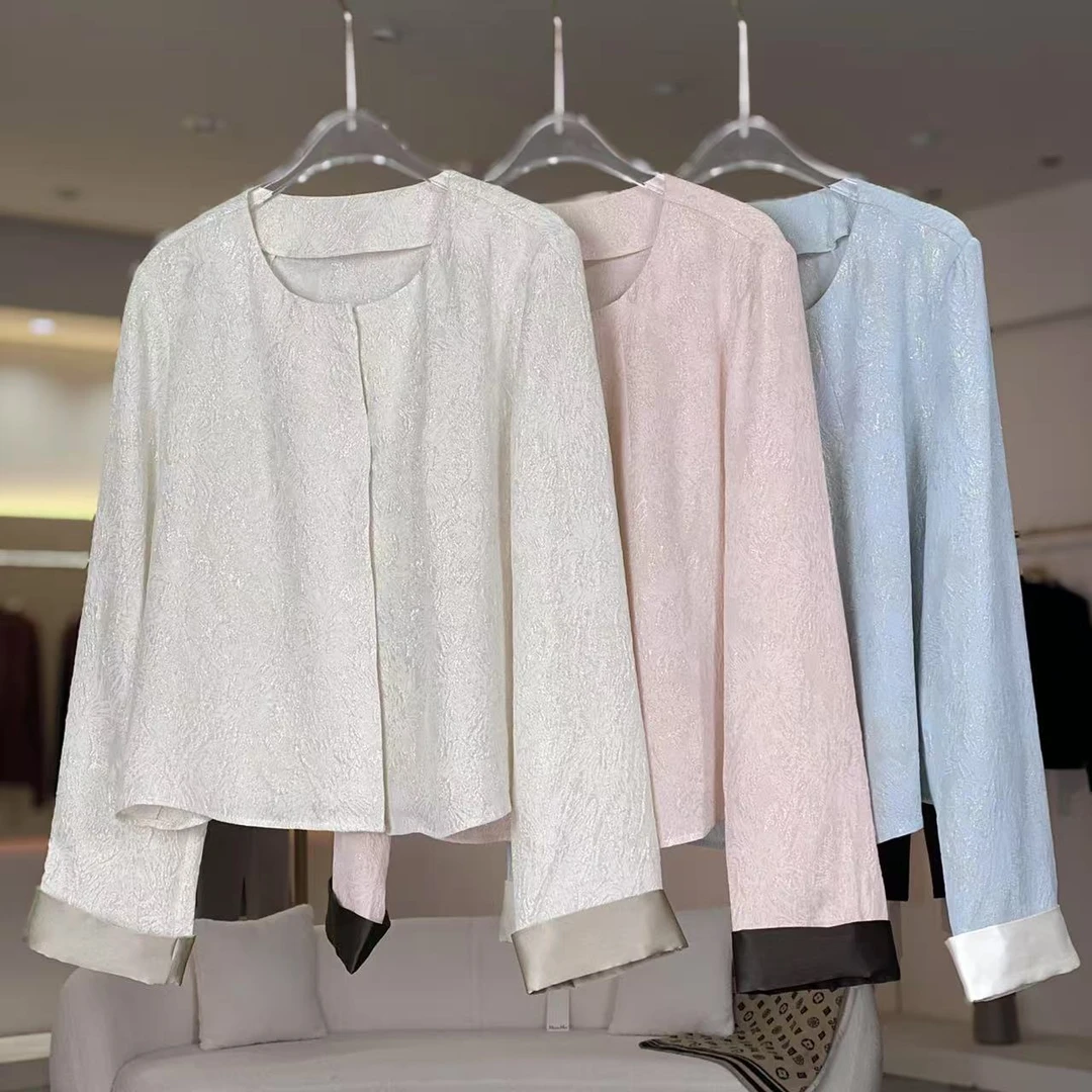 MeraxMer桑蚕丝冠乐绉鎏金提花气质圆领长袖衬衫·夏季真丝上衣