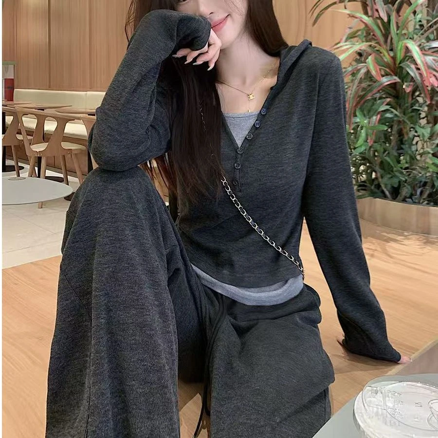 连帽卫衣运动服套装女春秋跑步时尚韩版显瘦上衣休闲阔腿裤套装女