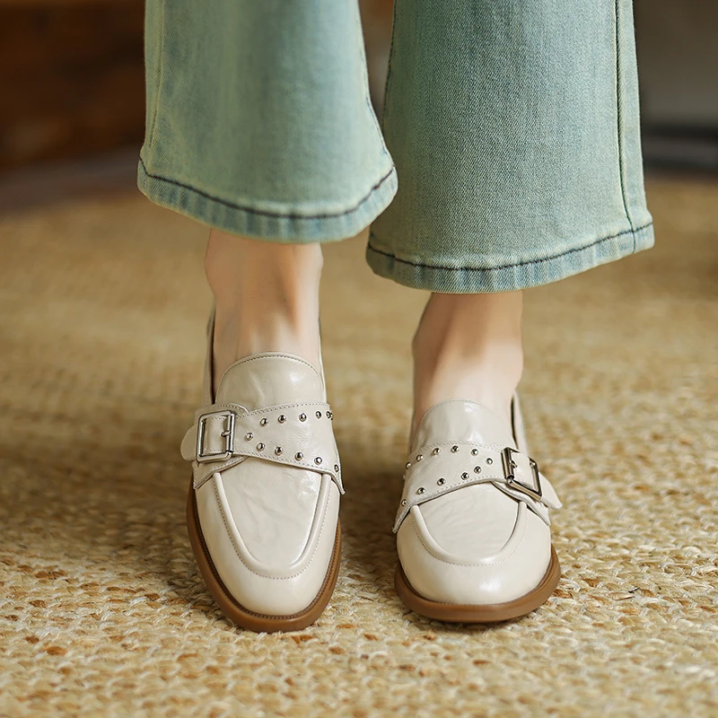 【NICESEE】3cm,2025新款低跟一脚蹬圆头真皮乐福鞋女百搭四季单鞋