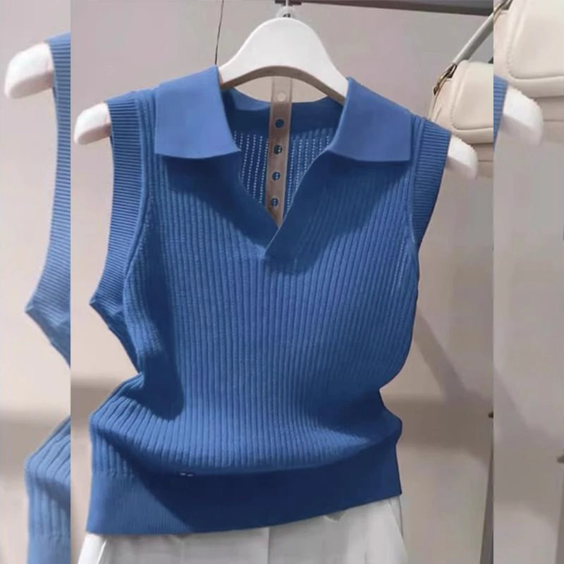 蓝色翻领无袖针织背心女2025新款夏季欧货轻奢设计感气质叠穿上衣