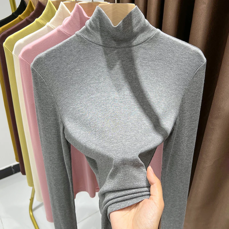秋冬季灰色高领长袖修身T恤女软糯亲肤保暖磨毛休闲百搭打底衫女