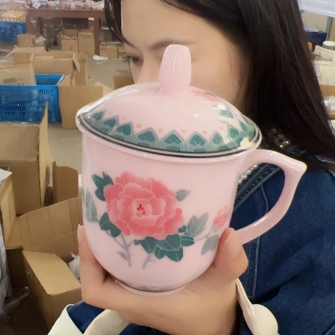 瓷片景德镇红xixi芙蓉花茶水杯