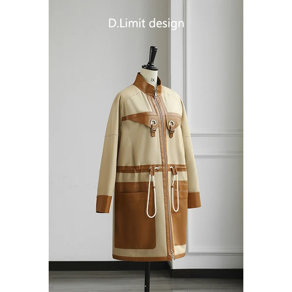 时尚拼接抽绳皮衣