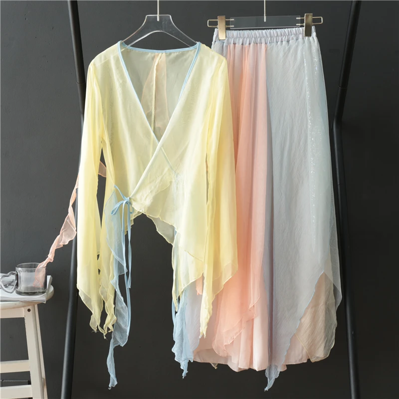 番茄故事黄粉雪纺舞蹈服套装飘带不规则大V领系带练功演出服装