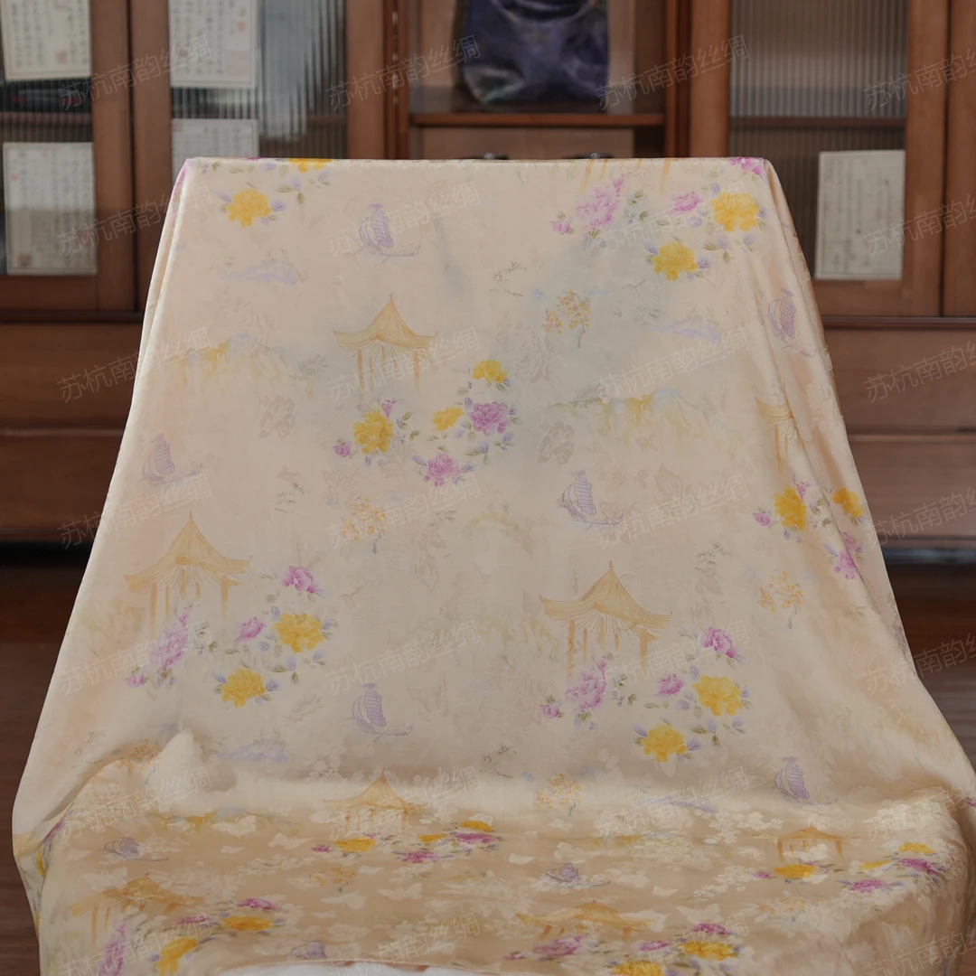 新【C135-112花间亭台】140*140香云重磅云锦高端定制国风提花丝巾