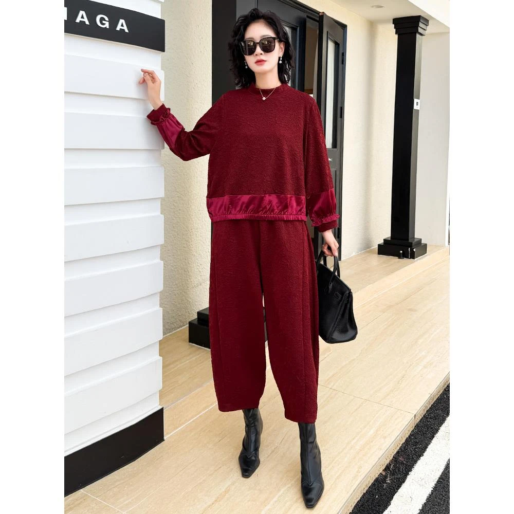 K277高端大码提花棉宽松遮肚上衣秋季显瘦洋气减龄气质时尚两件套