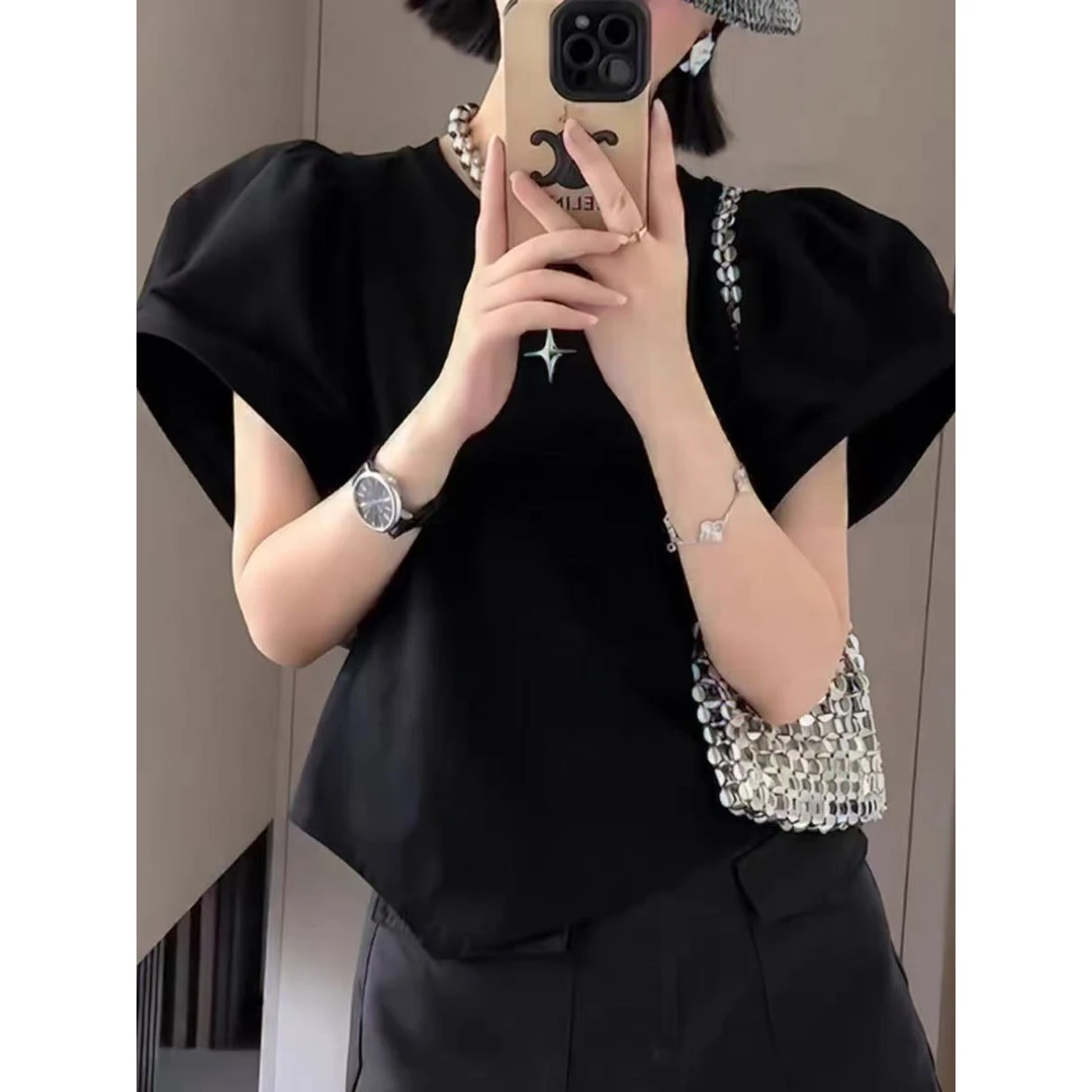 今年流行的漂亮~法式小众圆领泡泡袖T恤女夏不规则设计感休闲上衣