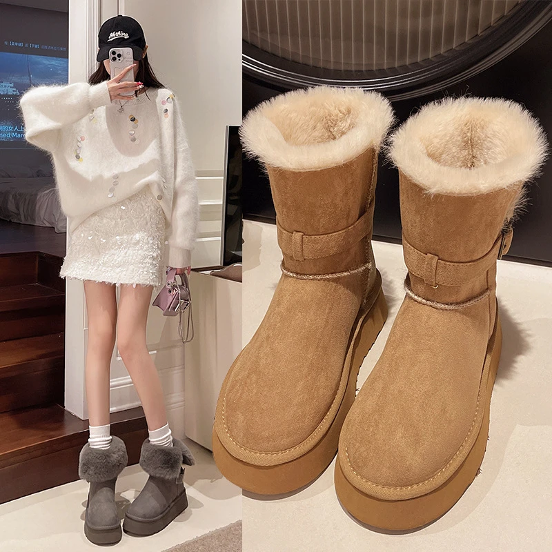 大码女鞋41-42东北厚底雪地靴冬季加绒加厚两穿翻毛短筒雪地棉鞋