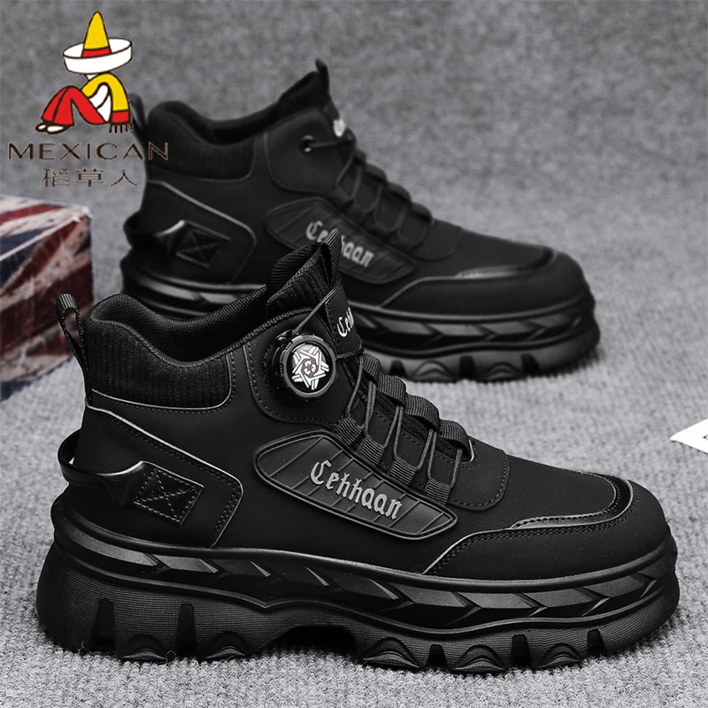 稻草人马丁靴高帮秋季英伦复古户外登山防水防滑厚底增高工装靴男