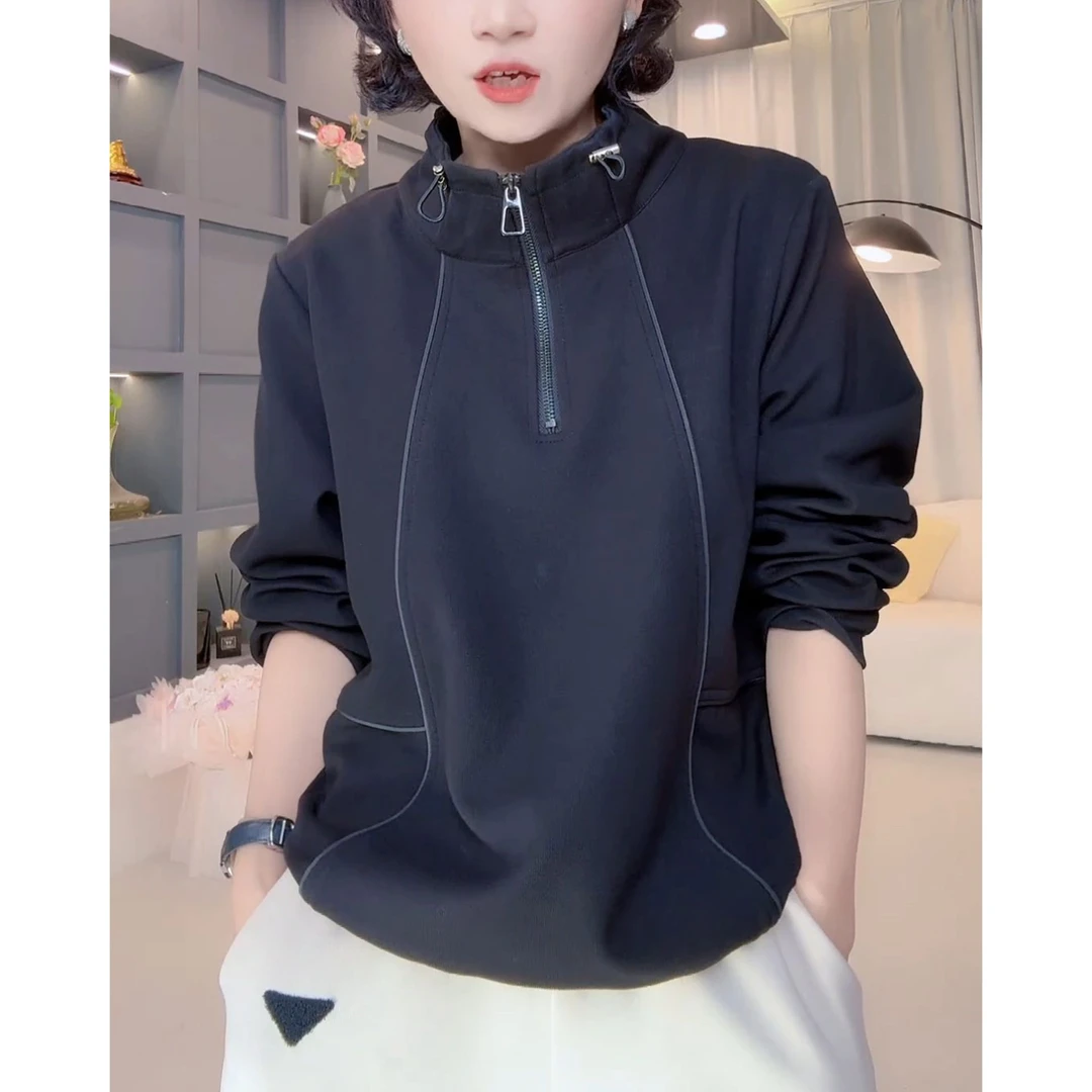 2025秋冬新款时尚设计感百搭套头上衣宽松显瘦纯色大码立领卫衣女