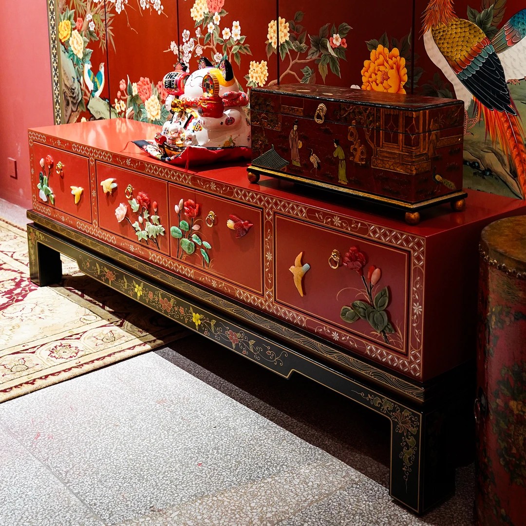 【本尼家】TS63新中式古典骨石镶嵌花鸟客厅电视抽屉柜180*40*57cm