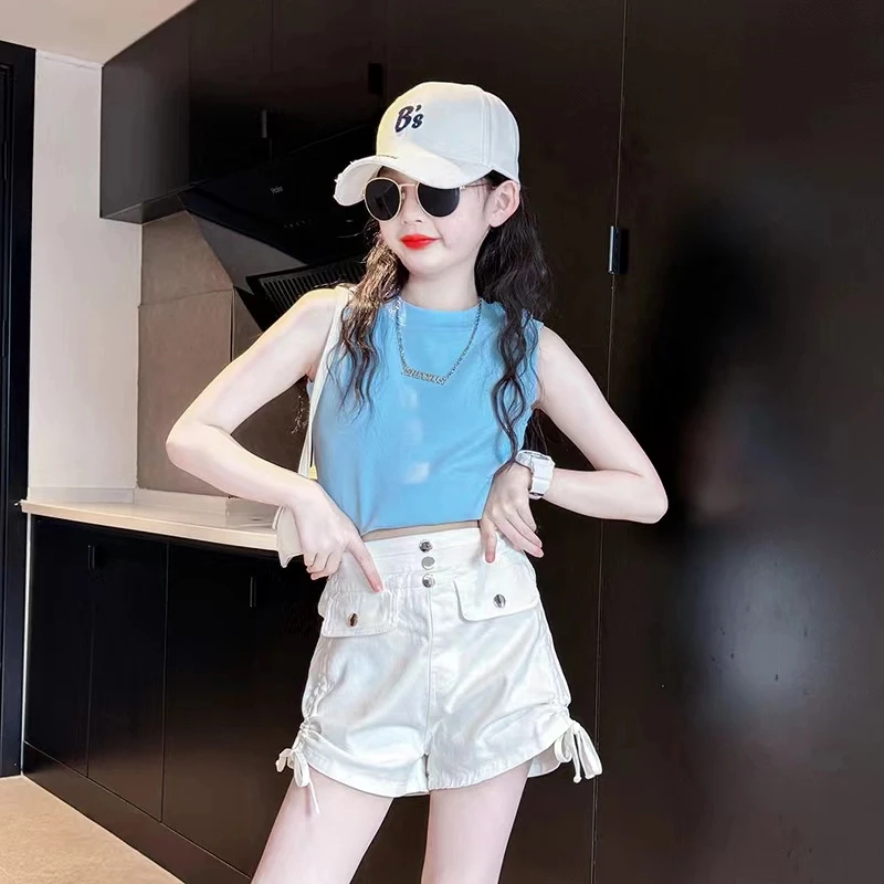 女童辣妹套装夏季2025新款女孩夏装洋气白色短裤儿童韩系穿搭背心