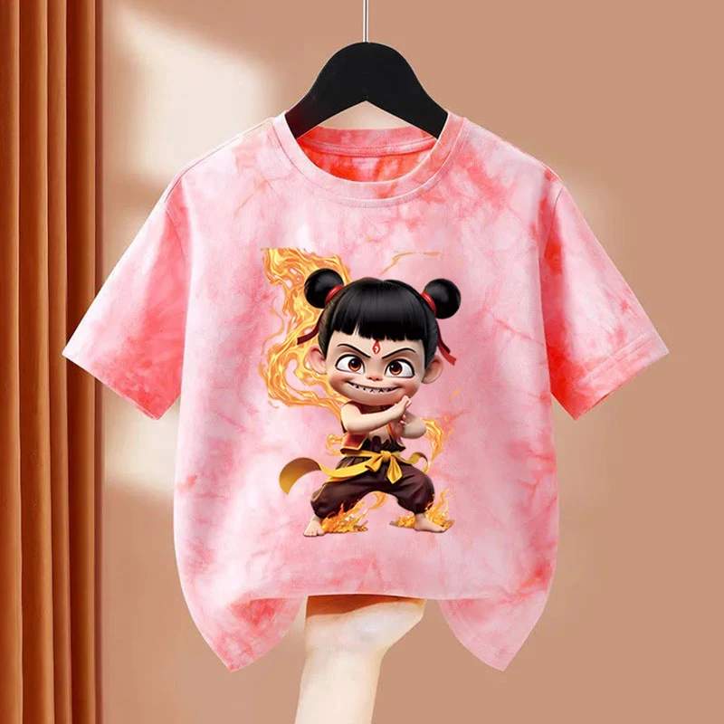 哪吒女童t恤儿童2025夏季新款女孩休闲宽松洋气扎染男童短袖上衣