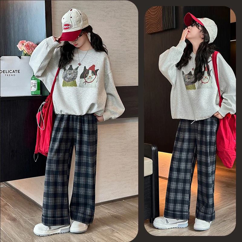 女童秋季时尚印花卡通卫衣格子裤套装6~12岁中大童洋气韩版时髦潮