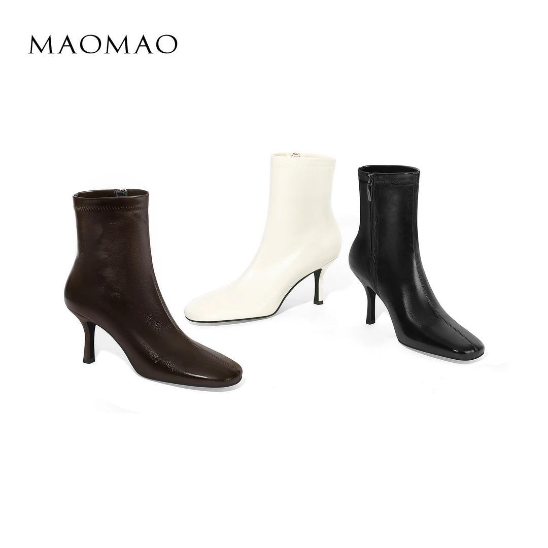 【跟高7cm】2025年秋冬新款纯色圆头细跟高跟靴侧拉链简约百搭女