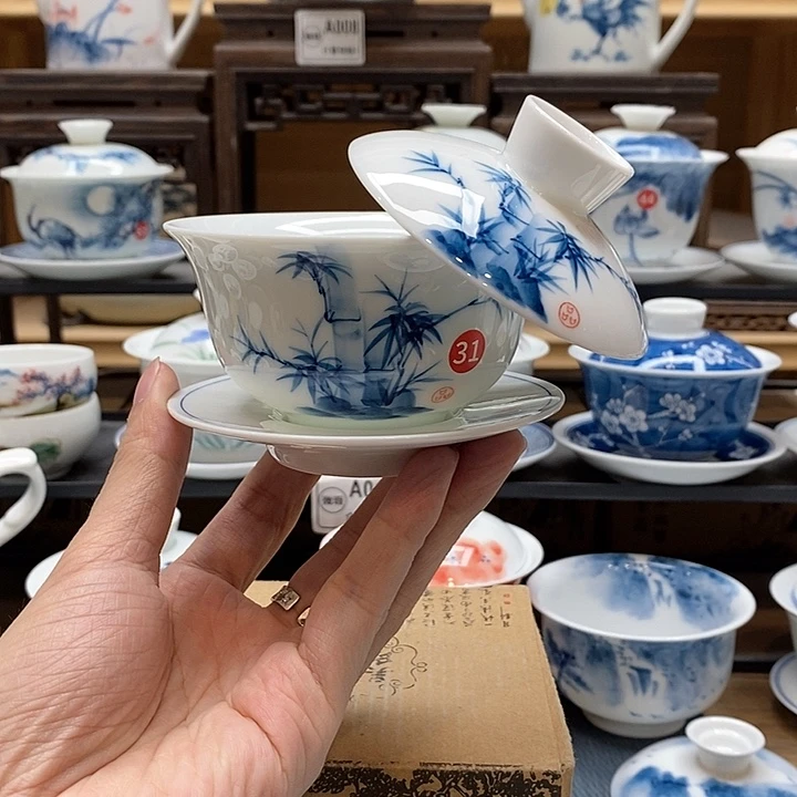 手绘竹子150cc悬停盖碗釉下彩微瑕福利款