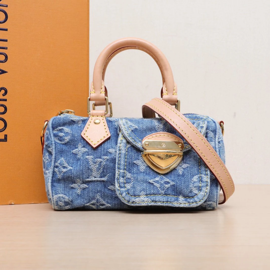 99新 LouisVuitton/路易威登 小花6枫Speedy Nano 16 牛仔蓝 芯片