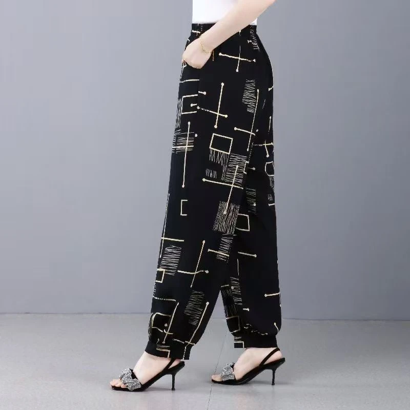 棉绸花裤子夏季薄款妈妈裤中老年宽松高腰垂感大码裤春夏休闲裤女