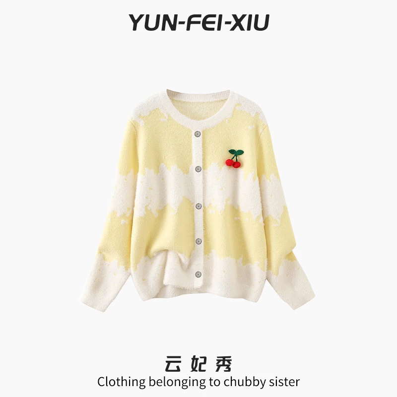 云妃秀大码女装针织衫时尚休闲胖妹妹显瘦宽松圆领开衫上衣冬3160