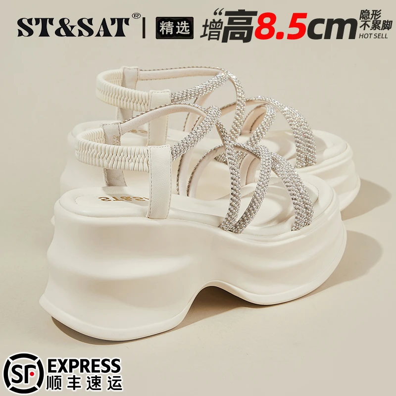 星期六女鞋软底松糕罗马凉鞋2025秋季外穿松紧带不累脚增高沙滩鞋