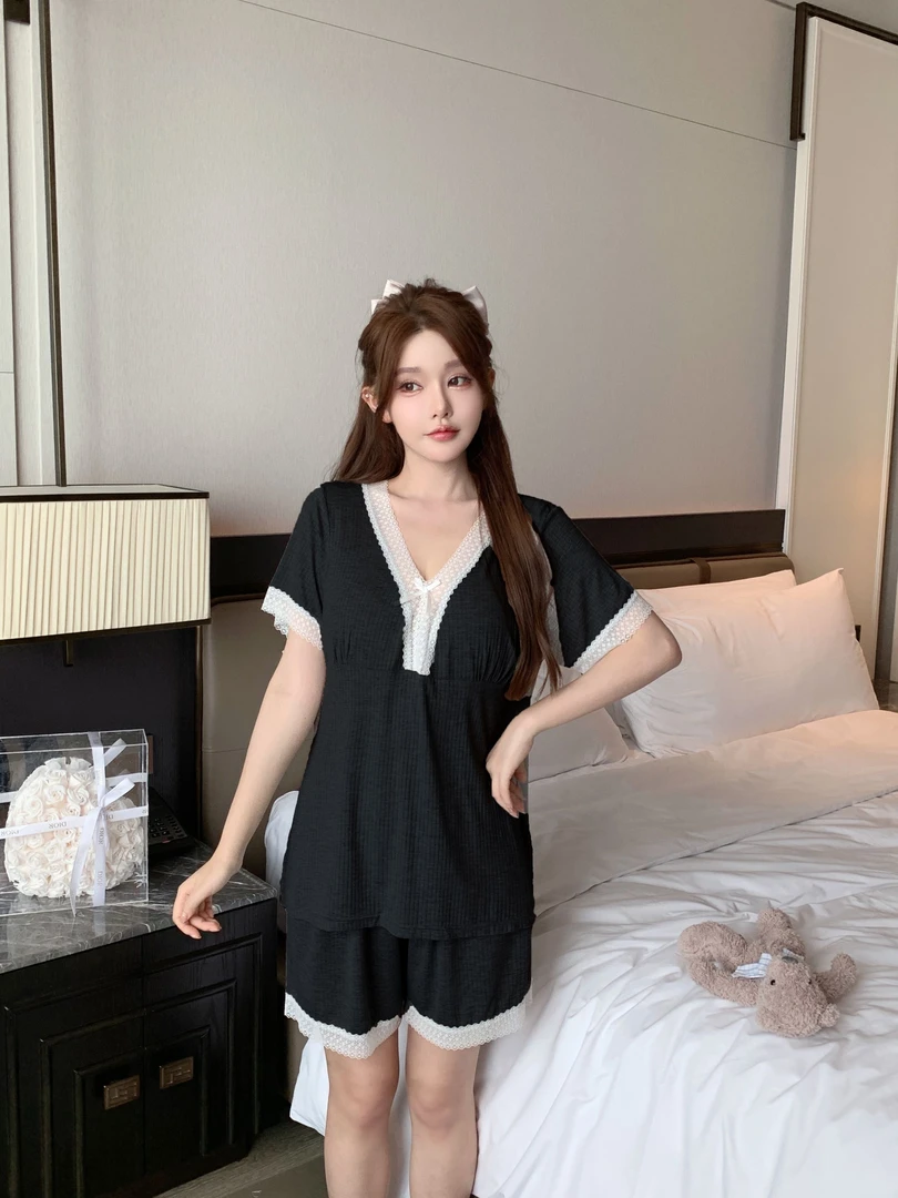 大码短袖短裤睡衣女夏天薄款莫代尔女士带胸垫黑色家居服套装夏季