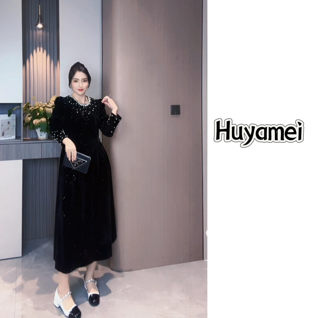 时尚黑色连衣裙显瘦设计感气质名媛风长袖礼服长款