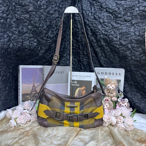 95新 BURBERRY/博柏利 黄色格纹布料拼皮斜挎包