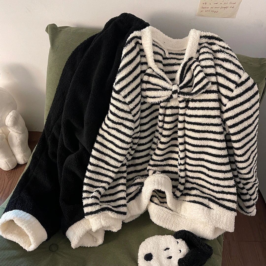 黑色条纹蝴蝶结睡衣女新款冬季甜美加绒加厚保暖半边绒家居服套装